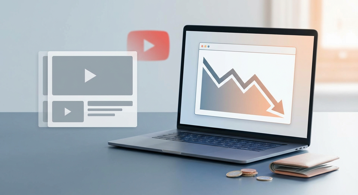 YouTube automation failure statistics with income report data displayed on laptop screen showing declining revenue graphs