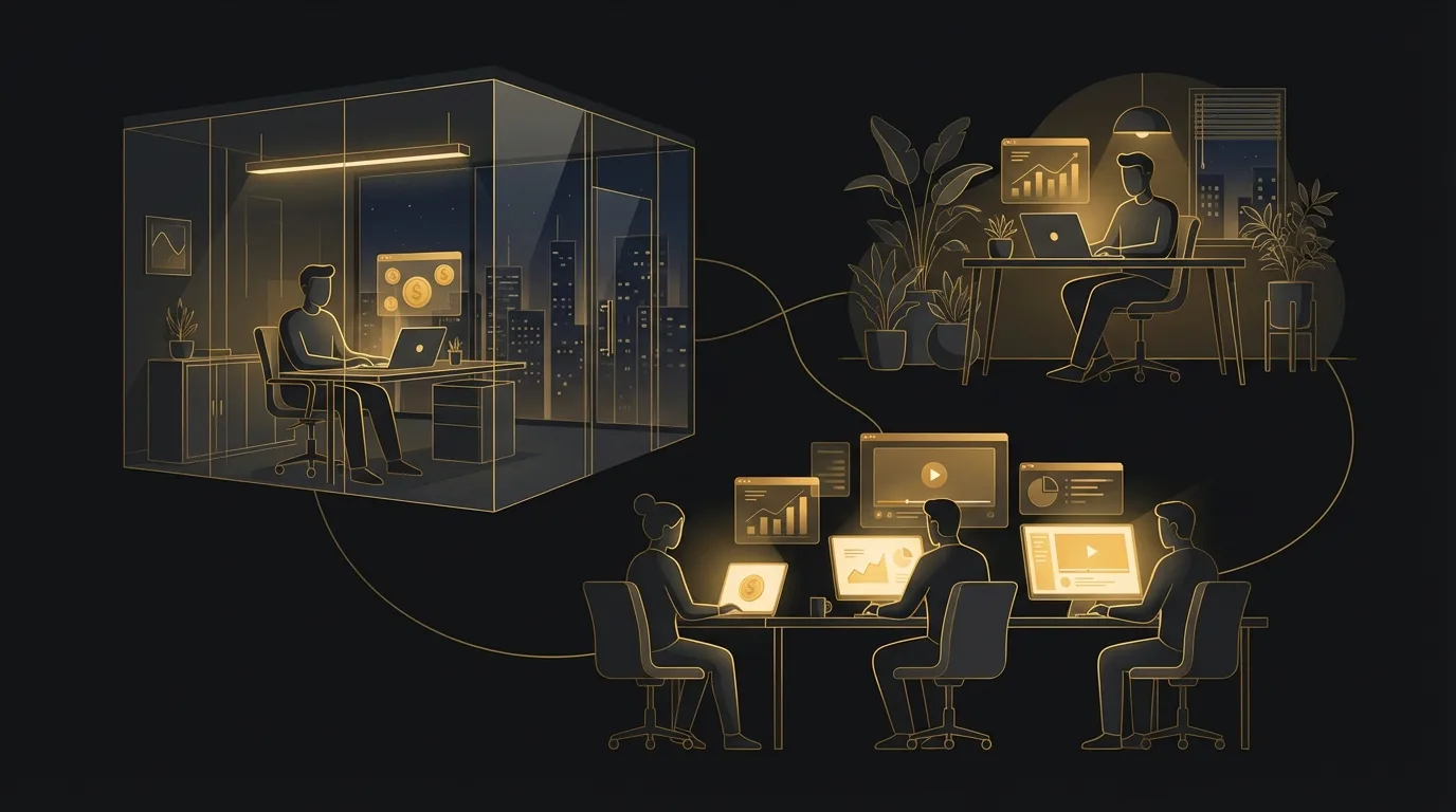 Laptop displaying analytics dashboard with rising income graphs and dollar signs, representing faceless content monetization
