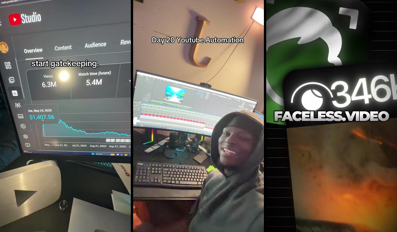YouTube analytics dashboard showing $4,000 monthly revenue with RPM metrics and faceless automation channel performance data